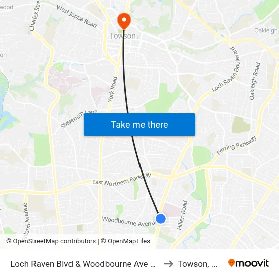 Loch Raven Blvd & Woodbourne Ave Nb to Towson, MD map