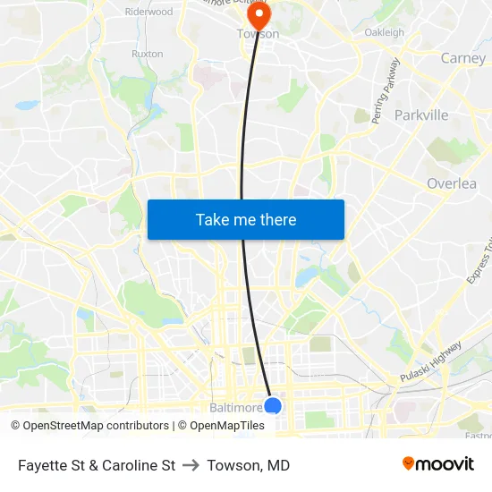 Fayette St & Caroline St to Towson, MD map