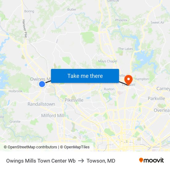 Owings Mills Town Center Wb to Towson, MD map