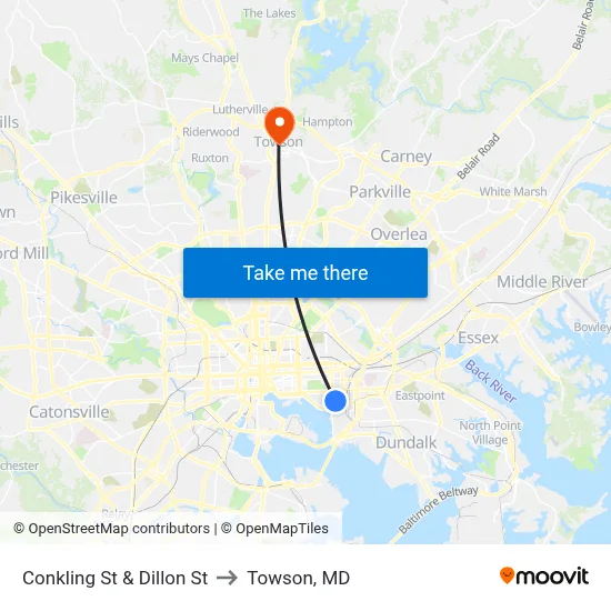 Conkling St & Dillon St to Towson, MD map