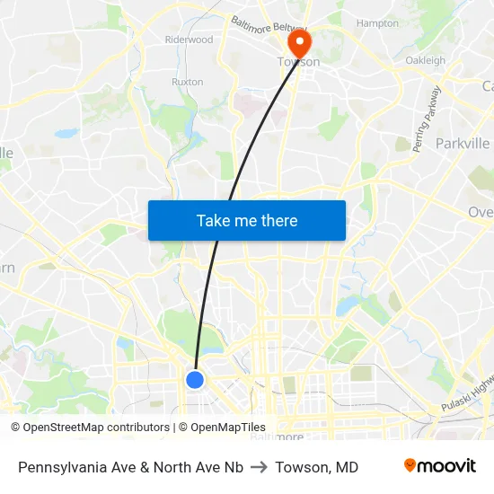 Pennsylvania Ave & North Ave Nb to Towson, MD map