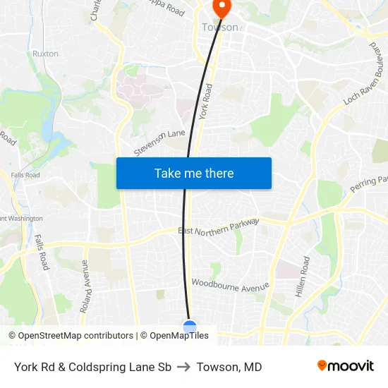 York Rd & Coldspring Lane Sb to Towson, MD map