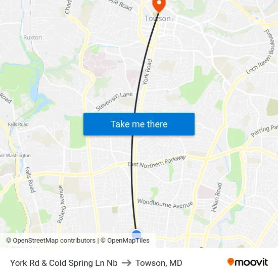 York Rd & Cold Spring Ln Nb to Towson, MD map