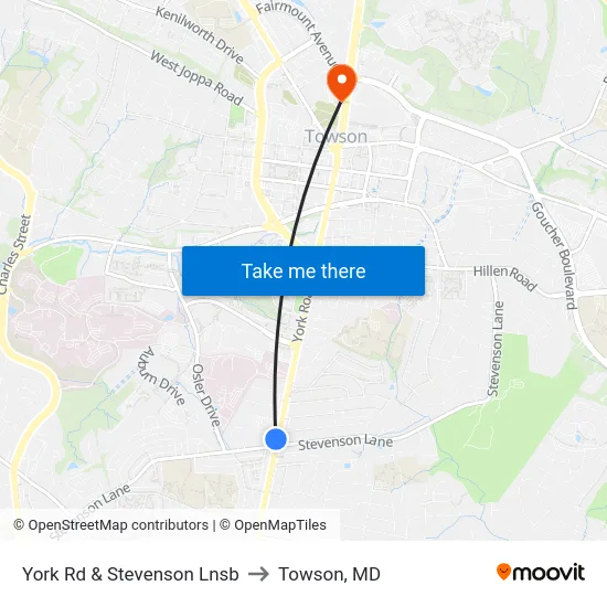 York Rd & Stevenson Lnsb to Towson, MD map