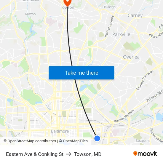 Eastern Ave & Conkling St to Towson, MD map