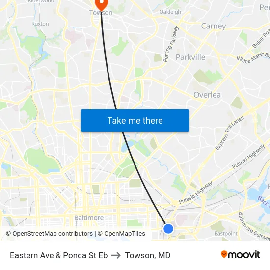 Eastern Ave & Ponca St Eb to Towson, MD map