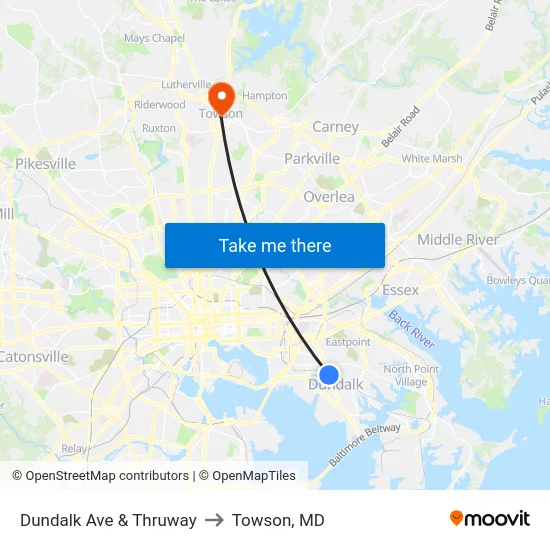 Dundalk Ave & Thruway to Towson, MD map