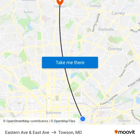 Eastern Ave & East Ave to Towson, MD map