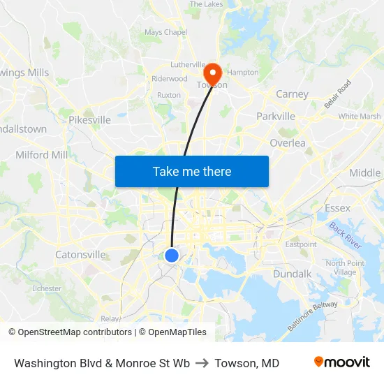 Washington Blvd & Monroe St Wb to Towson, MD map