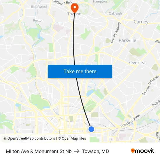 Milton Ave & Monument St Nb to Towson, MD map