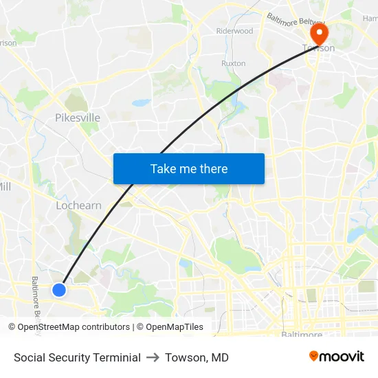 Social Security Terminial to Towson, MD map