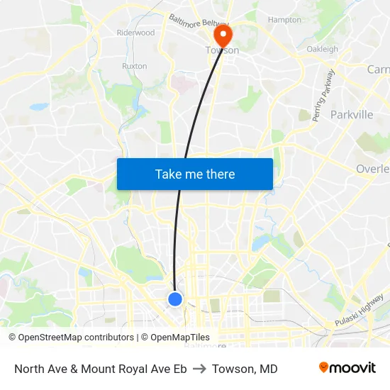 North Ave & Mount Royal Ave Eb to Towson, MD map