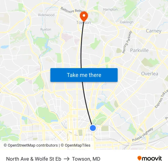 North Ave & Wolfe St Eb to Towson, MD map