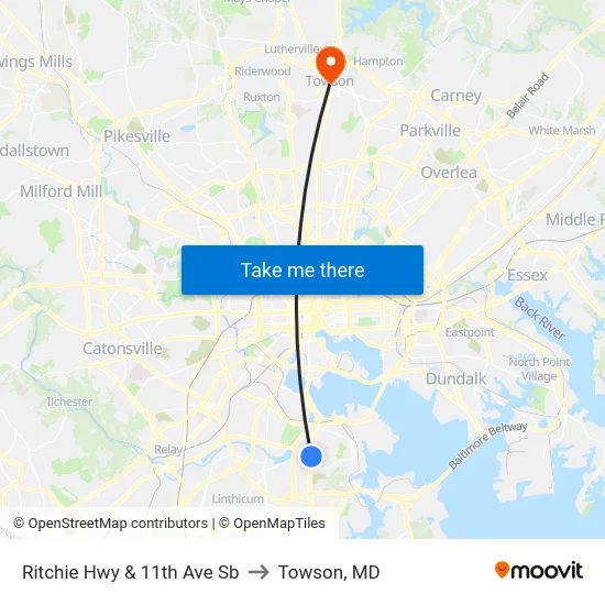 Ritchie Hwy & 11th Ave Sb to Towson, MD map