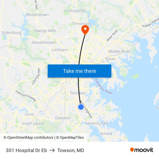 301 Hospital Dr Eb to Towson, MD map