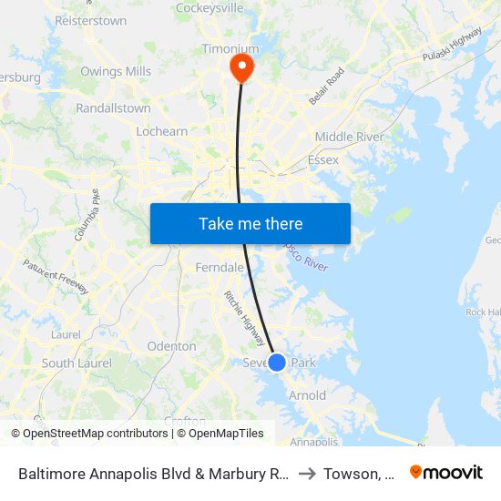 Baltimore Annapolis Blvd & Marbury Rd Sb to Towson, MD map