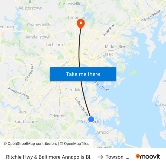 Ritchie Hwy & Baltimore Annapolis Blvd to Towson, MD map