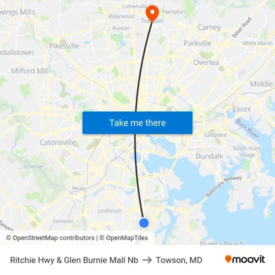 Ritchie Hwy & Glen Burnie Mall Nb to Towson, MD map