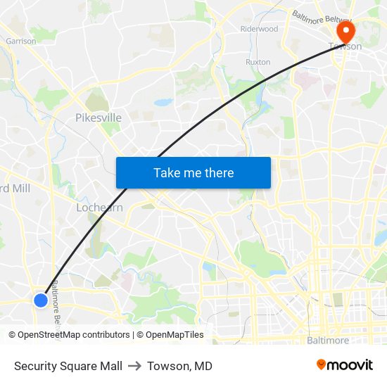 Security Square Mall to Towson, MD map