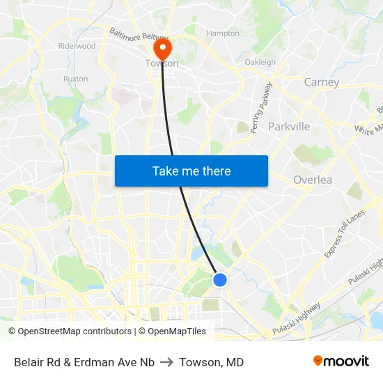Belair Rd & Erdman Ave Nb to Towson, MD map