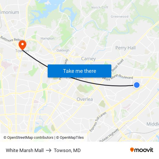 White Marsh Mall to Towson, MD map