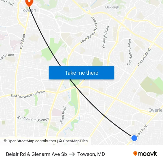 Belair Rd & Glenarm Ave Sb to Towson, MD map
