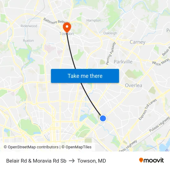 Belair Rd & Moravia Rd Sb to Towson, MD map