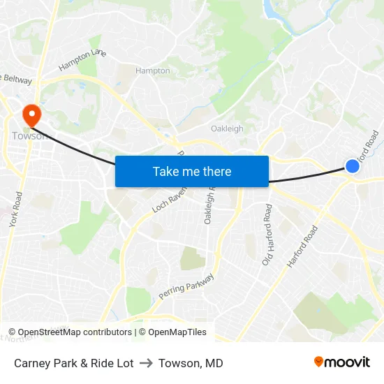 Carney Park & Ride Lot to Towson, MD map
