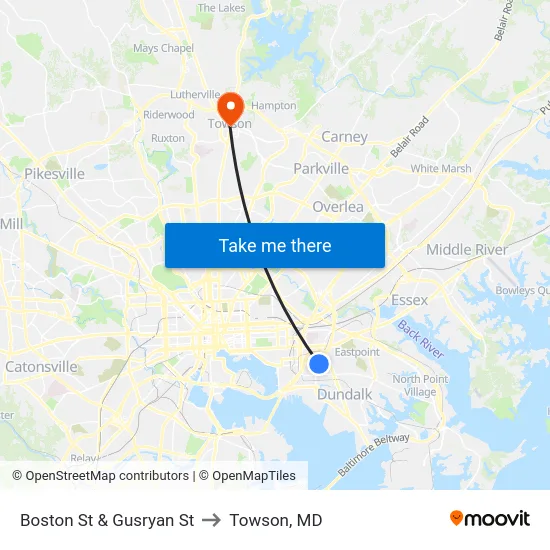 Boston St & Gusryan St to Towson, MD map