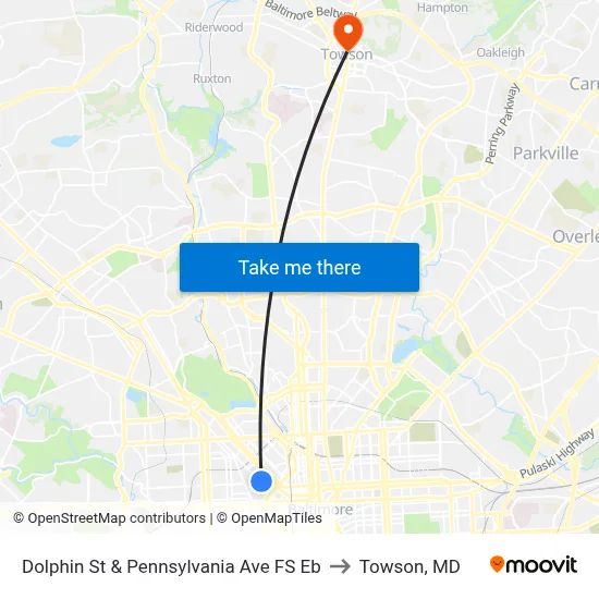 Dolphin St & Pennsylvania Ave FS Eb to Towson, MD map
