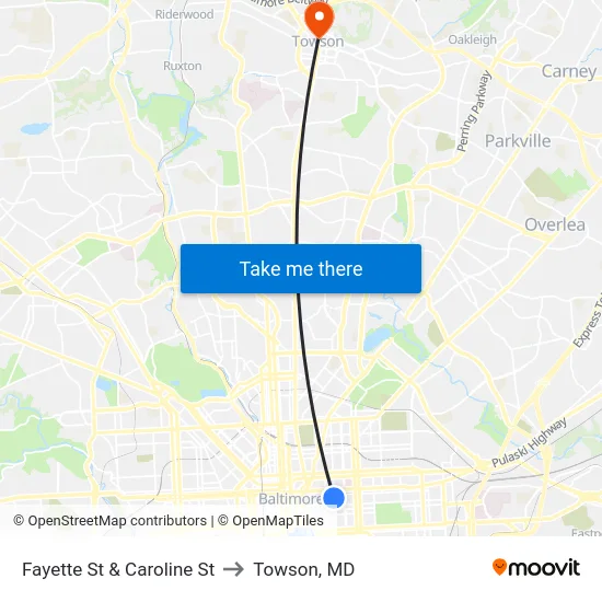 Fayette St & Caroline St to Towson, MD map