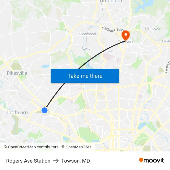 Rogers Ave Station to Towson, MD map