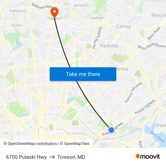 6700 Pulaski Hwy to Towson, MD map