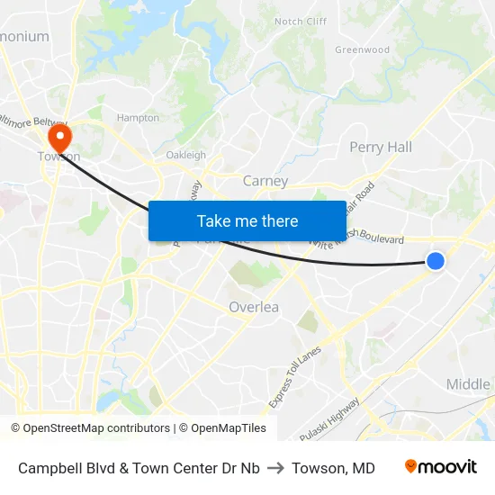 Campbell Blvd & Town Center Dr Nb to Towson, MD map