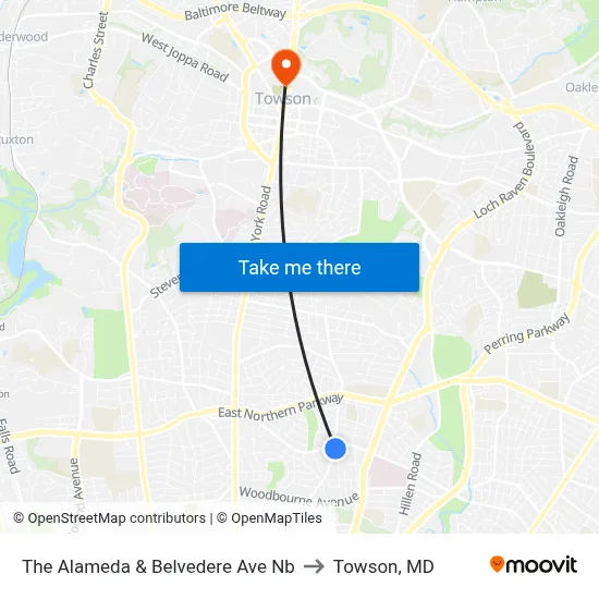 The Alameda & Belvedere Ave Nb to Towson, MD map