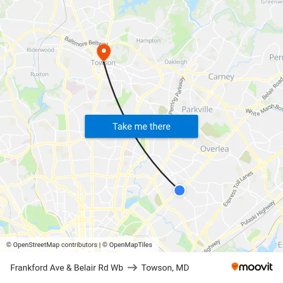 Frankford Ave & Belair Rd Wb to Towson, MD map