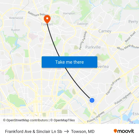 Frankford Ave & Sinclair Ln Sb to Towson, MD map