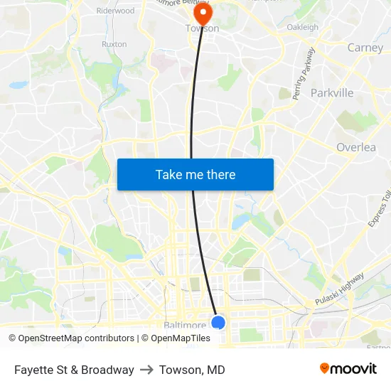 Fayette St & Broadway to Towson, MD map