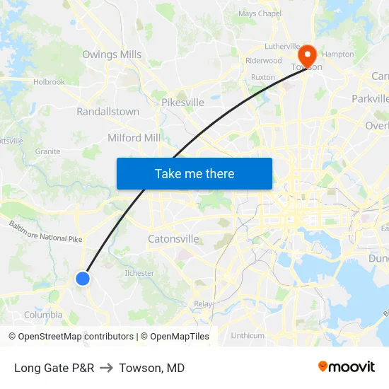 Long Gate P&R to Towson, MD map