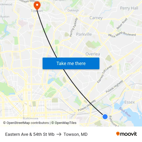 Eastern Ave & 54th St Wb to Towson, MD map