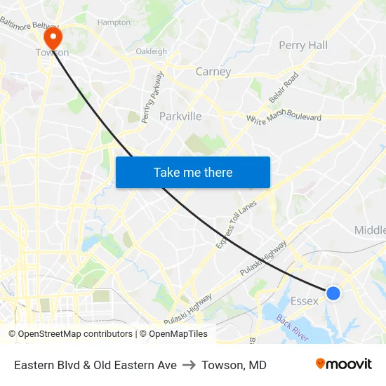 Eastern Blvd & Old Eastern Ave to Towson, MD map