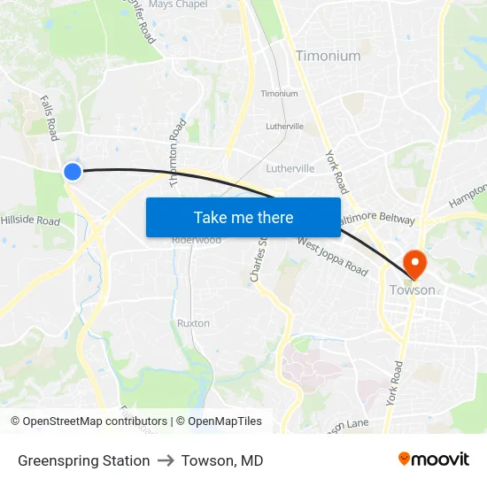 Greenspring Station to Towson, MD map