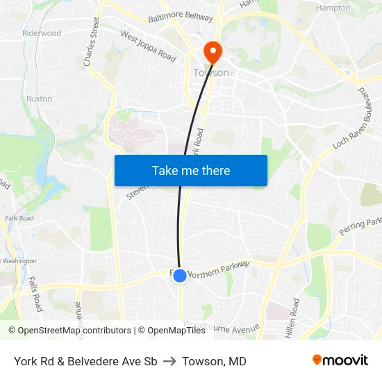 York Rd & Belvedere Ave Sb to Towson, MD map