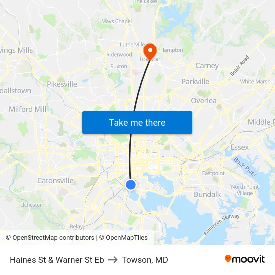 Haines St & Warner St Eb to Towson, MD map