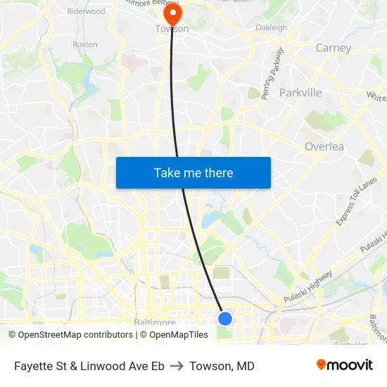 Fayette St & Linwood Ave Eb to Towson, MD map