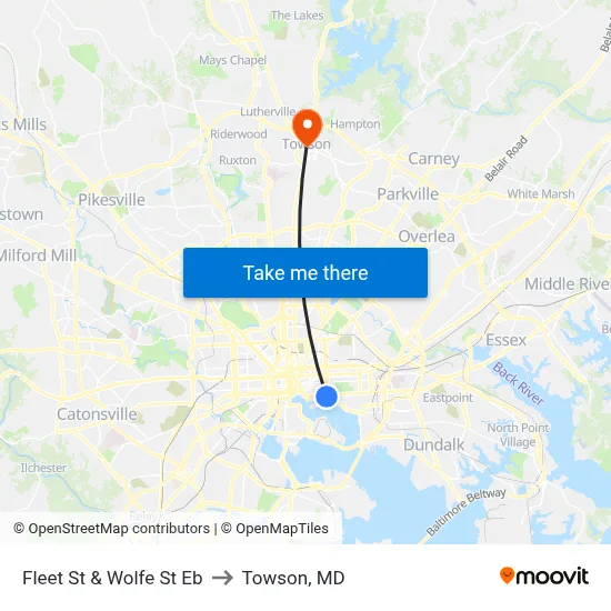 Fleet St & Wolfe St Eb to Towson, MD map