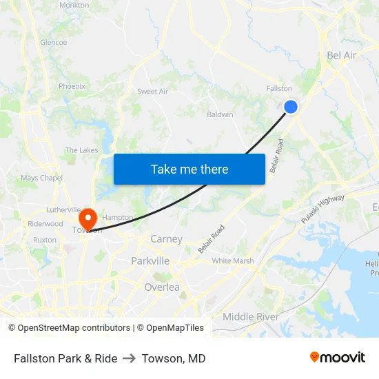 Fallston Park & Ride to Towson, MD map