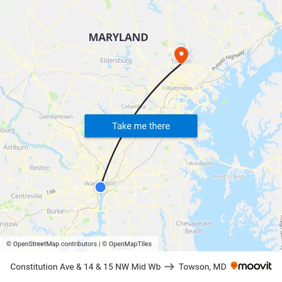 Constitution Ave & 14 & 15 NW Mid Wb to Towson, MD map
