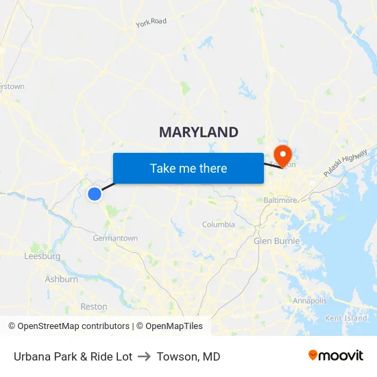 Urbana Park & Ride Lot to Towson, MD map