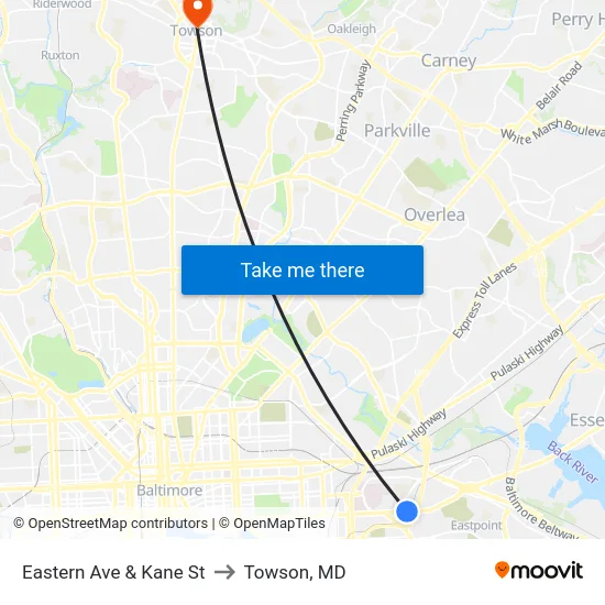 Eastern Ave & Kane St to Towson, MD map